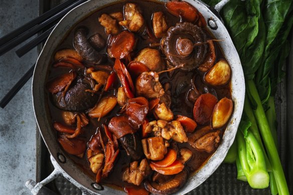 Pour in a shot of chilli oil, a shot of beer and a shot of soy sauce to finish this chicken dish.