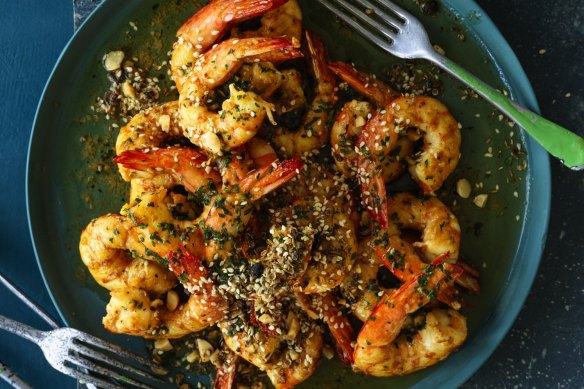 Garlic prawns with native dukkah.