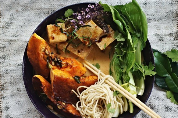 Roast pumpkin, fried tofu and coconut laksa.