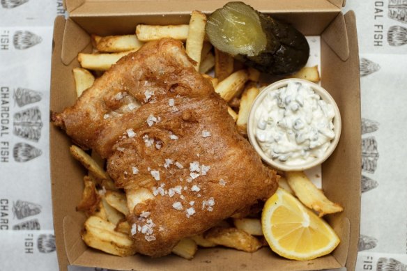 Fish, in a hyper-crisp batter, and chips.