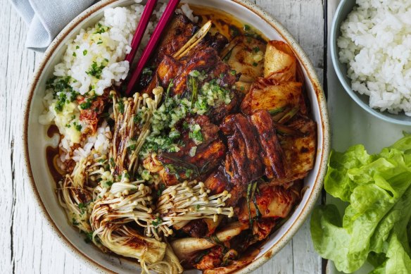 A few of Adam Liaw's favourite things: pork belly, kimchi and garlic butter.