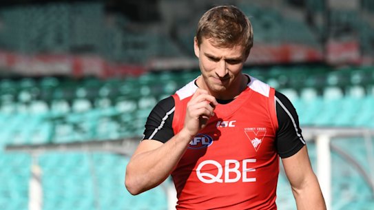 Frustrated: Co-captain Kieren Jack at the Swans' training session at the SCG on Wednesday.