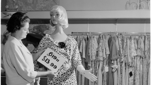 Decimal conversion promo picture from 1966 showing the two prices for a dress. 