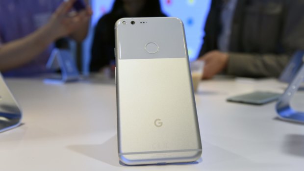 The back side of the new Google Pixel smartphone.