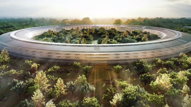 An artist's rendering of the spaceship-like new Apple building.