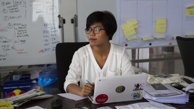 Ei Myat Noe Khin, a developer who creates apps for Android phones, in her office in Yangon.