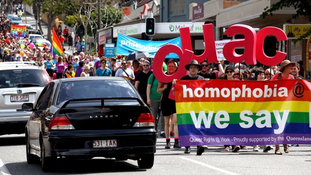 The 2014 Brisbane Pride march making its way down Brunswick Street.