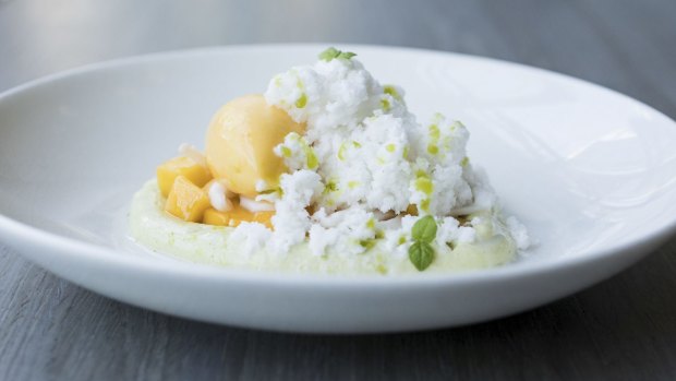 Asian flavours such as pandan are woven through coconut ice, mango sorbet, young coconut and diced mango.