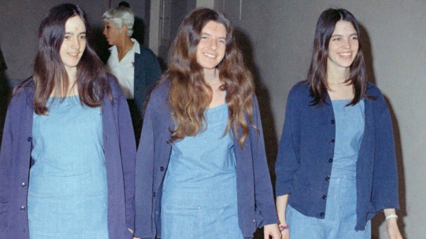 Charles Manson followers, from left: Susan Atkins, Patricia Krenwinkel and Leslie Van Houten, shown walking to court to appear for their roles in the 1969 cult killings of seven people, including actress Sharon Tate, in California.