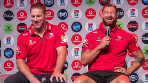 Lighter moment: Brad Thorn and captain Scott Higginbotham at the launch of the 2018 Super Rugby Season at the Brisbane Powerhouse.