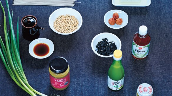 Some of the core ingredients in a Japanese pantry.