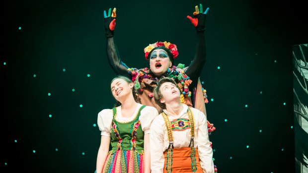Cleo Lee-McGowan (Gretel), Tom Dalton (Witch), and Shakira Dugan (Hansel) in Victorian Opera's Hansel and Gretel.
