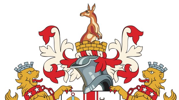 The parking inspectors' coat of arms of choice, from 1970,  incorporates crowned lions restrained by bold red chains.