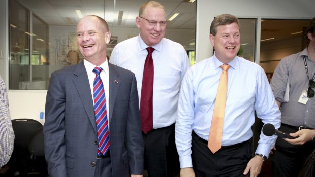 Happy to be first to the punch...Premier Campbell Newman with Deputy Premier Jeff Seeney and Treasurer Tim Nicholls.