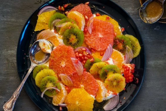 This colourful savoury (or sweet) fruit salad is packed with Vitamin C.