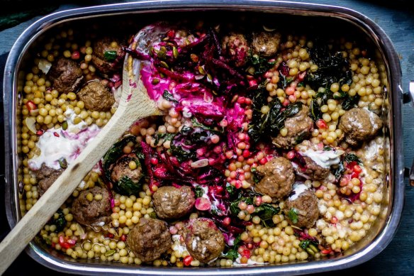 One-tray wonder: Lamb meatballs with moghrabieh.