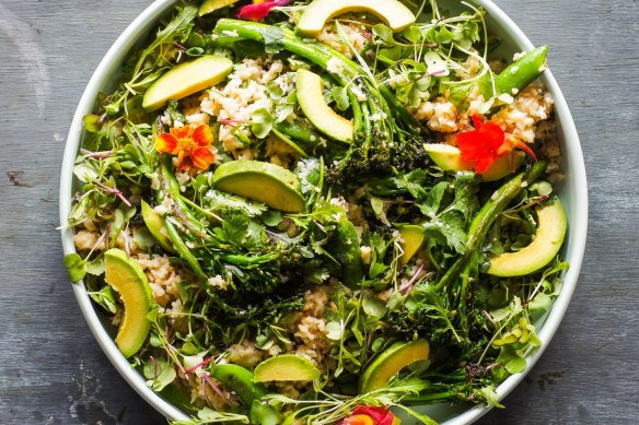 Miso rice, edamame and charred greens salad.