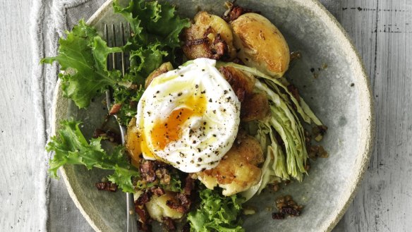 Potatoes, egg and greens become a beautiful meal with the addition of a punchy mustardy and bacon-y dressing.