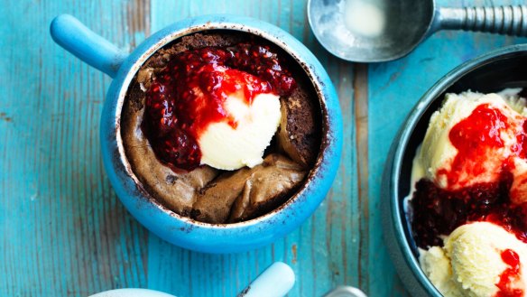 Rachel Khoo's chocolate brownie pots with raspberry compote.