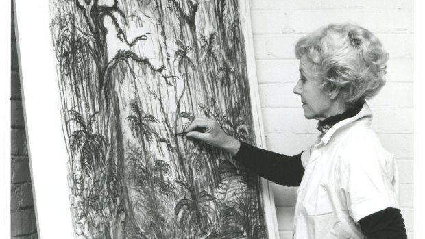 Elizabeth Durack and a panel from her work in Papua New Guinea during the 1960s.