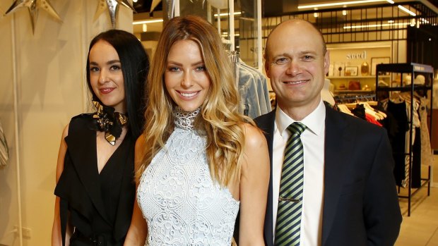Myer chief executive Richard Umbers (right) with Warringah store manager Alexis Pead (left) and Myer ambassador Jennifer Hawkins. 