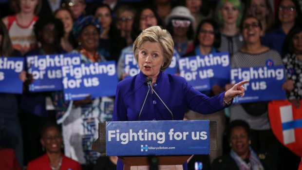 Democratic Party Presidential Candidate Hillary Clinton gives a speech as she meets with her supporters during a campaign rally themed "Women for Hillary" at Hilton Hotel in Manhattan, New York, NY, USA on April 18, 2016, wearing Nina McLemore.