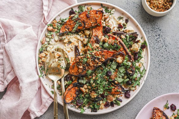 Falafel crumble  adds texture and interest to  roasted sweet potato wedges.