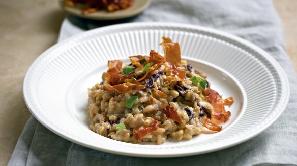 Pearl barley risotto with crispy prosciutto.