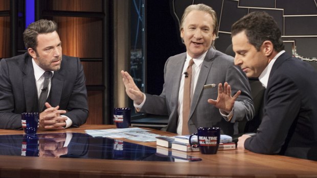Ben Affleck (left), Bill Maher (centre) and Sam Harris on 'Real Time With Bill Maher'.