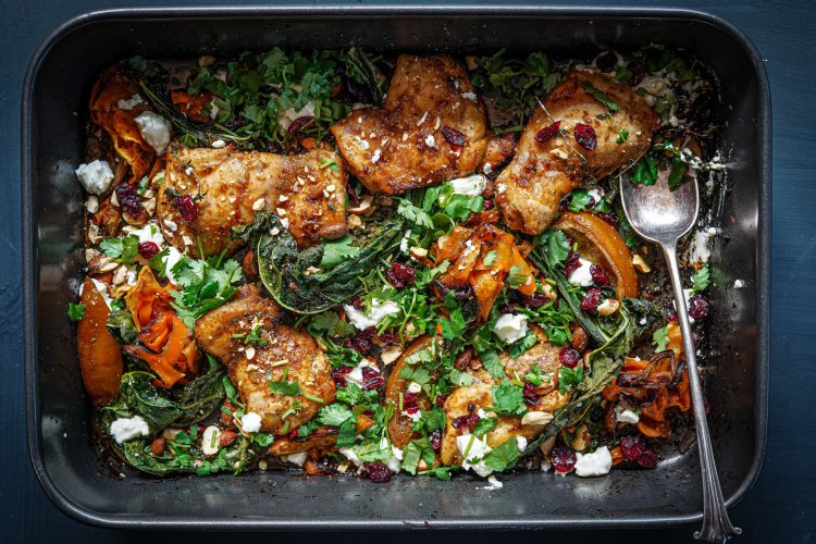 Chicken shawarma traybake with sweet potato, feta and cranberries