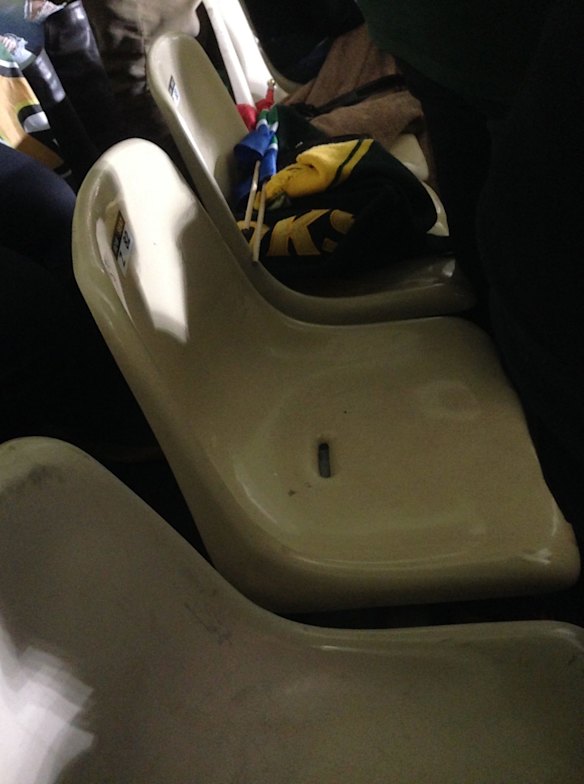 Plastic bucket seats at the temporary AMI Stadium.