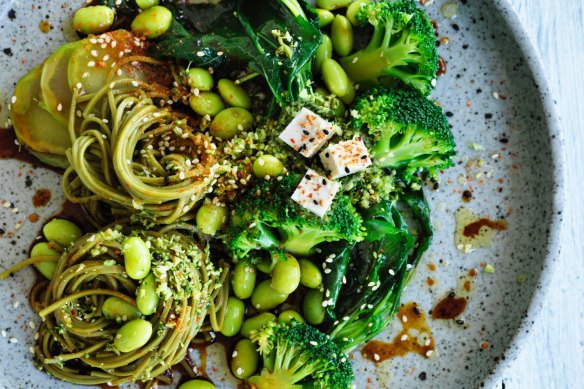 Eat your greens: Green tea noodle bowl with broccoli and edamame.