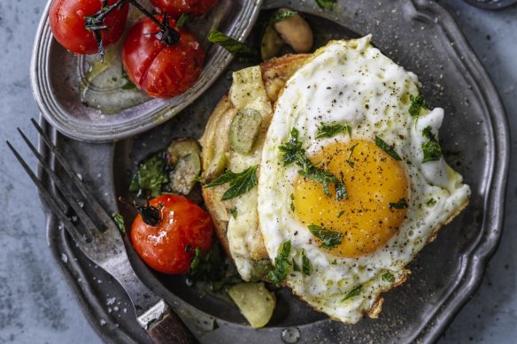 English muffins topped with white beans and cheese (fried egg optional).