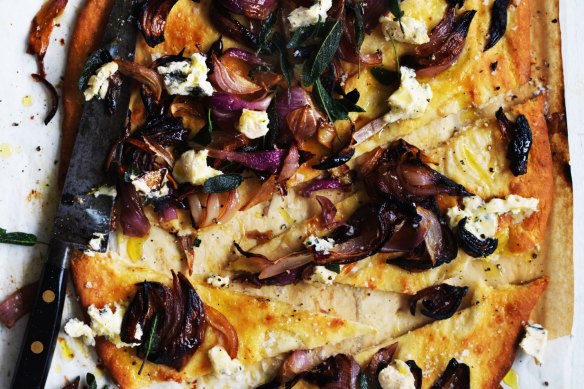 Adam Liaw's baked onion and blue cheese flatbread.