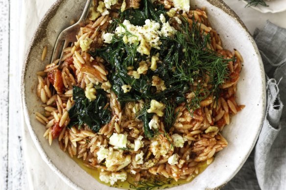 Jill Dupleix's tomato risoni with silverbeet, feta, walnuts and honey.