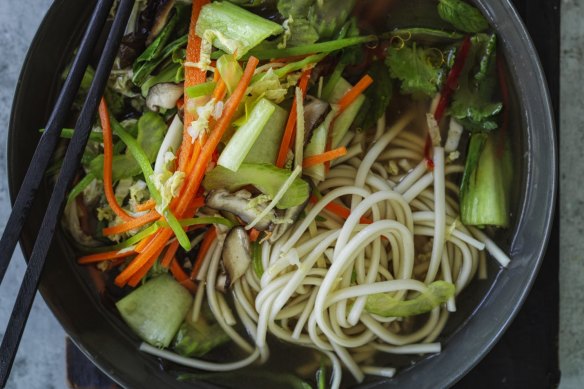 Kylie Kwong's vegetable and noodle soup.