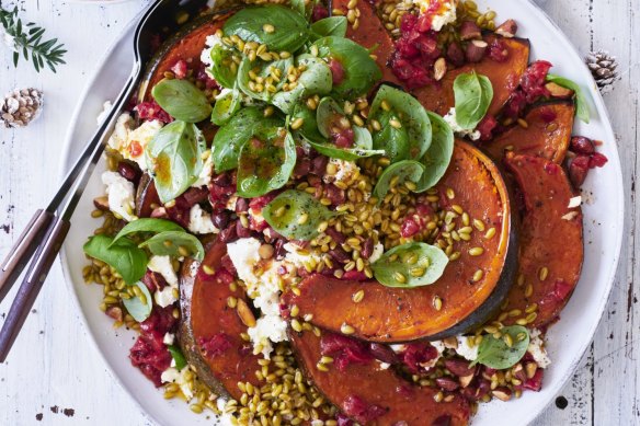 Roasted pumpkin and farro salad with tomato and feta vinaigrette.