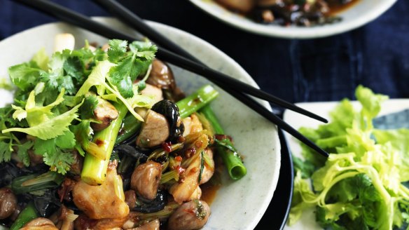 Chilli chicken with chestnuts, black funghi and celery <a href="http://www.goodfood.com.au/recipes/chilli-chicken-with-chestnuts-black-funghi-and-celery-20150503-3vbik"><b>(recipe here)</b></a>.