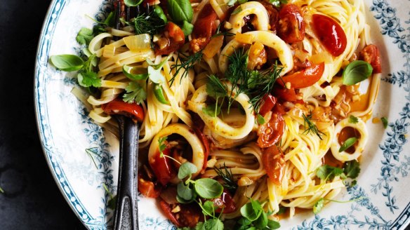 Simple chilli squid pasta.