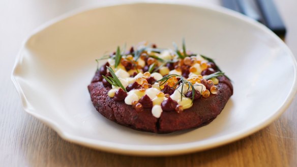 Beetroot pancake with Cashmere goat's curd and salmon roe.