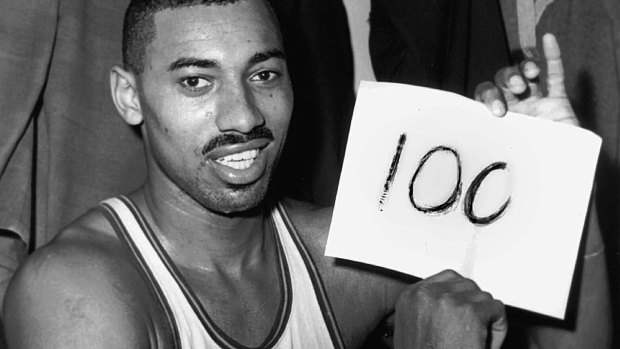 Wilt Chamberlain in the dressing room, after he scored 100 points as the Warriors defeated the New York Knicks 169-147, March 2, 1962. 