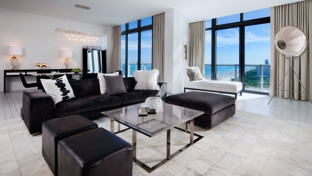 The penthouse suite living room at W Hotel South Beach.