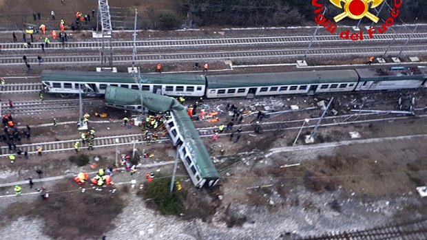 An aerial view shows the derailed train at the station of Pioltello Limito, on the outskirts of Milan.