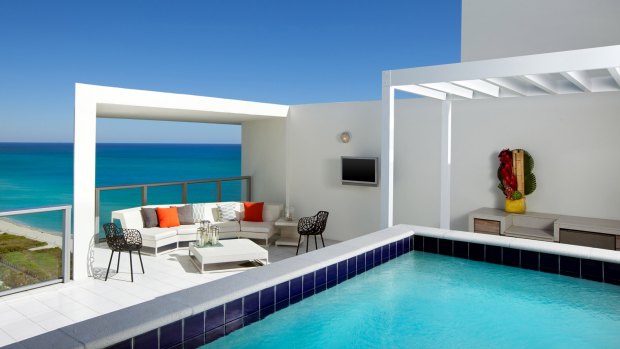 The rooftop pool at a penthouse suite in the W Hotel in South Beach.