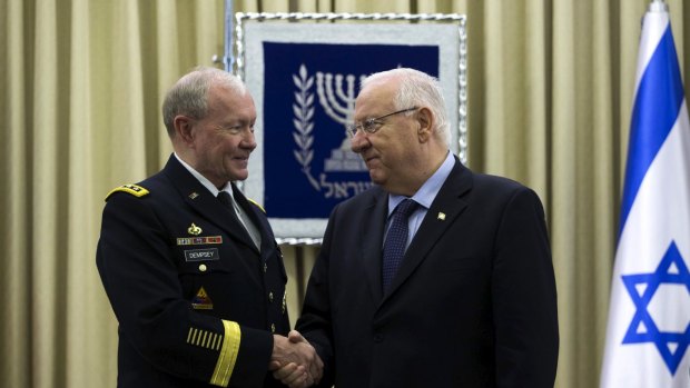 Israeli President Reuven Rivlin (right) meets General Martin Dempsey, chairman of the US Joint Chiefs of Staff.