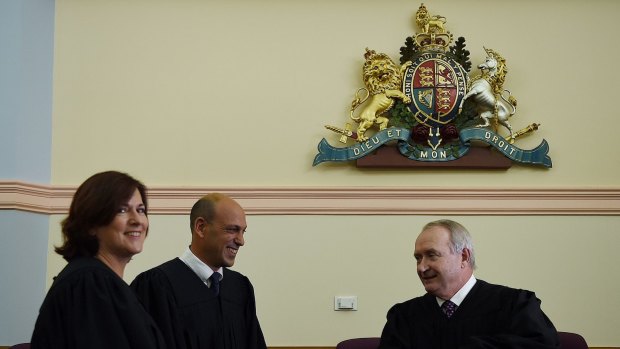 Chief Magistrate Graeme Henson (far right) with the recently sworn in Local Court Magistrates Julie Soars (left) and Imad Abdul-Karim  at the Downing Centre Local Court.
