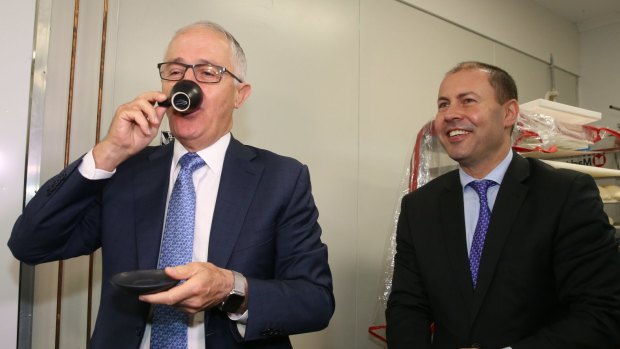 Hard to swallow: Prime Minister Malcolm Turnbull with Josh Frydenberg, the Environment and Energy minister.