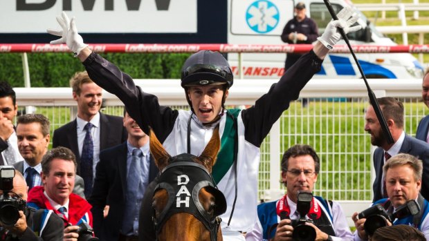 Not bad for starters: Corey Parish celebrates his first group 1 victory - the Caulfield Cup.