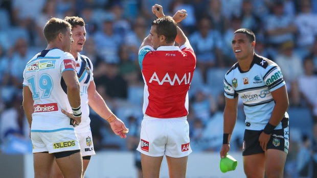 Looking for a downgrade: Referee Grant Atkins puts Greg Bird on report on Sunday. 