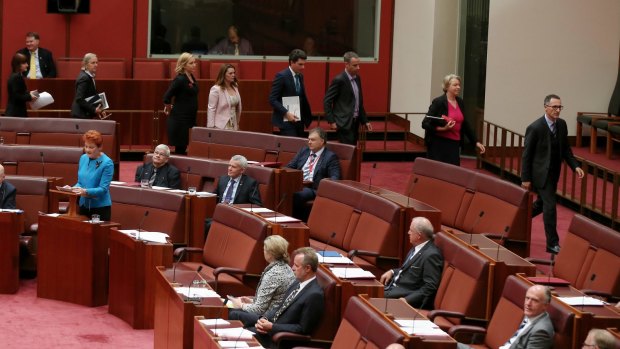 The Greens walk out as Senator Pauline Hanson delivers her first speech in the Senate.